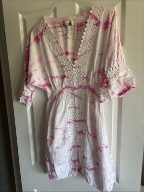 Tularosa Pink Tie-Dye Lace-Trim V-Neck Dress